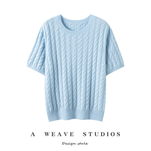 2025秋冬新款100%纯山羊绒圆领套头麻花针织打底纯色百搭短袖上衣