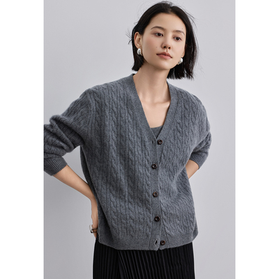 2025秋冬新款加厚100纯山羊绒衫女V领麻花针织开衫毛衣外套慵懒风
