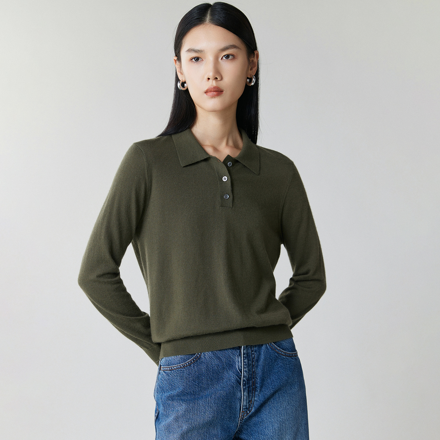 秋冬68支精纺100%纯山羊绒衫女POLO领长袖针织打底衫毛衣宽松上衣