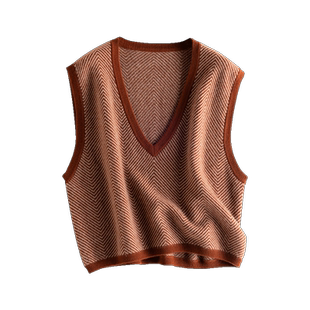 100纯羊绒无袖v领马甲背心针织女秋冬新款宽松坎肩外穿条纹毛衣潮