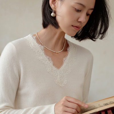 蕾丝花边V领羊绒衫女100纯山羊绒毛衣秋冬新款宽松内搭针织打底衫