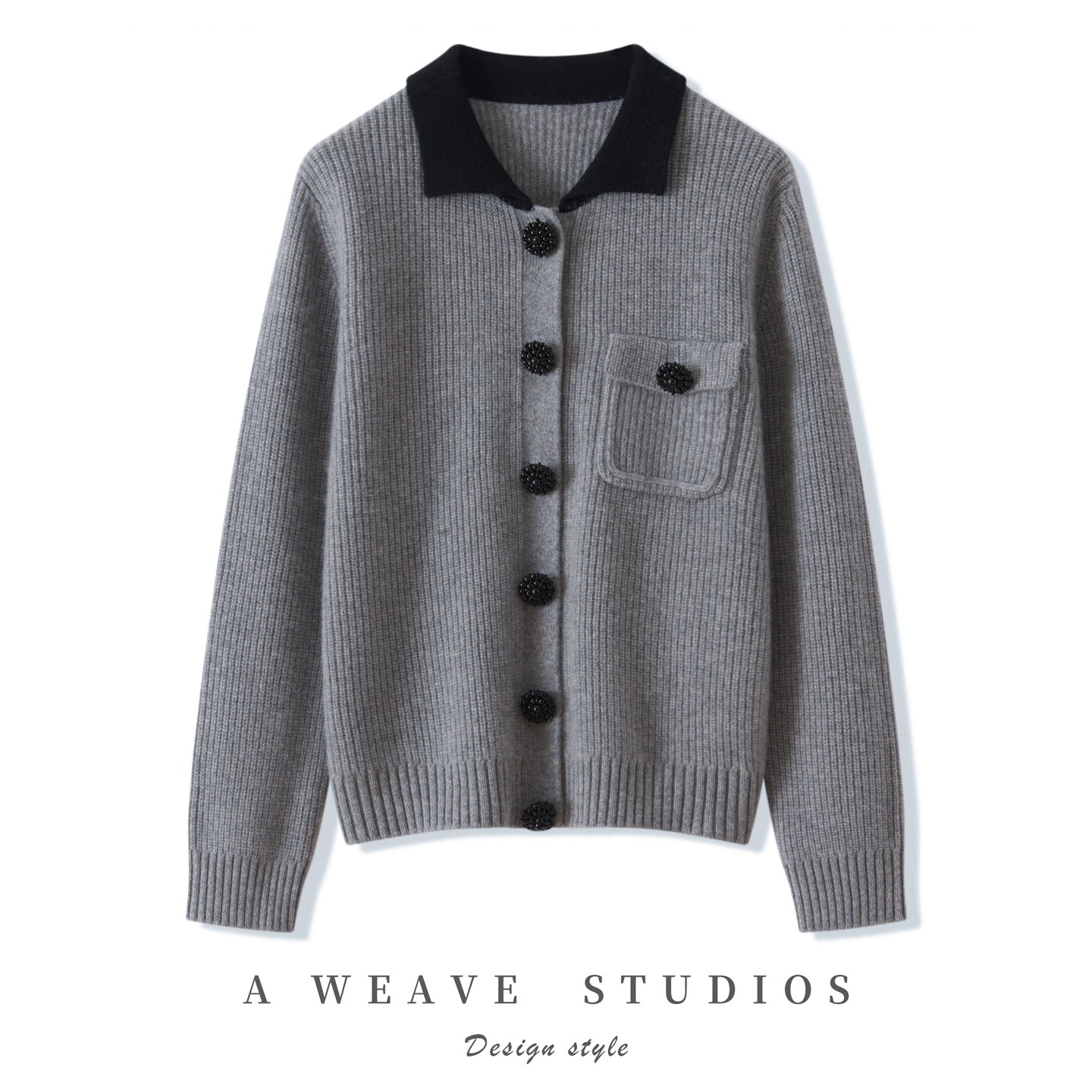 高端秋冬新款翻领拼色100%纯山羊绒开衫女高级感气质时尚毛衣外套