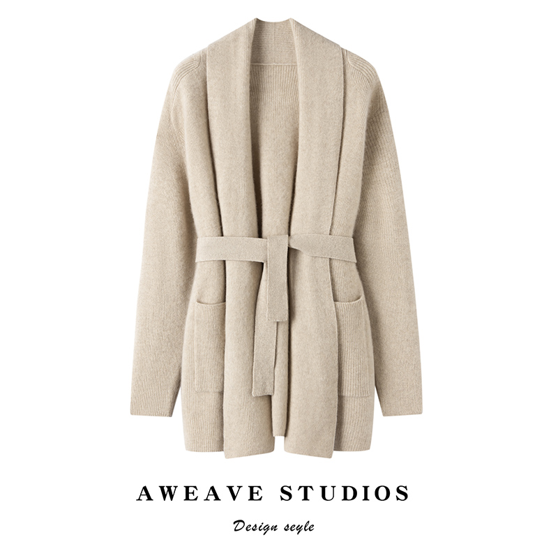 2025秋冬新款羊绒衫100%纯山羊绒宽松保暖中长款时尚腰带开衫