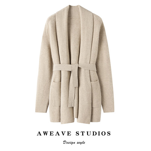 2025秋冬新款羊绒衫100%纯山羊绒宽松保暖中长款时尚腰带开衫