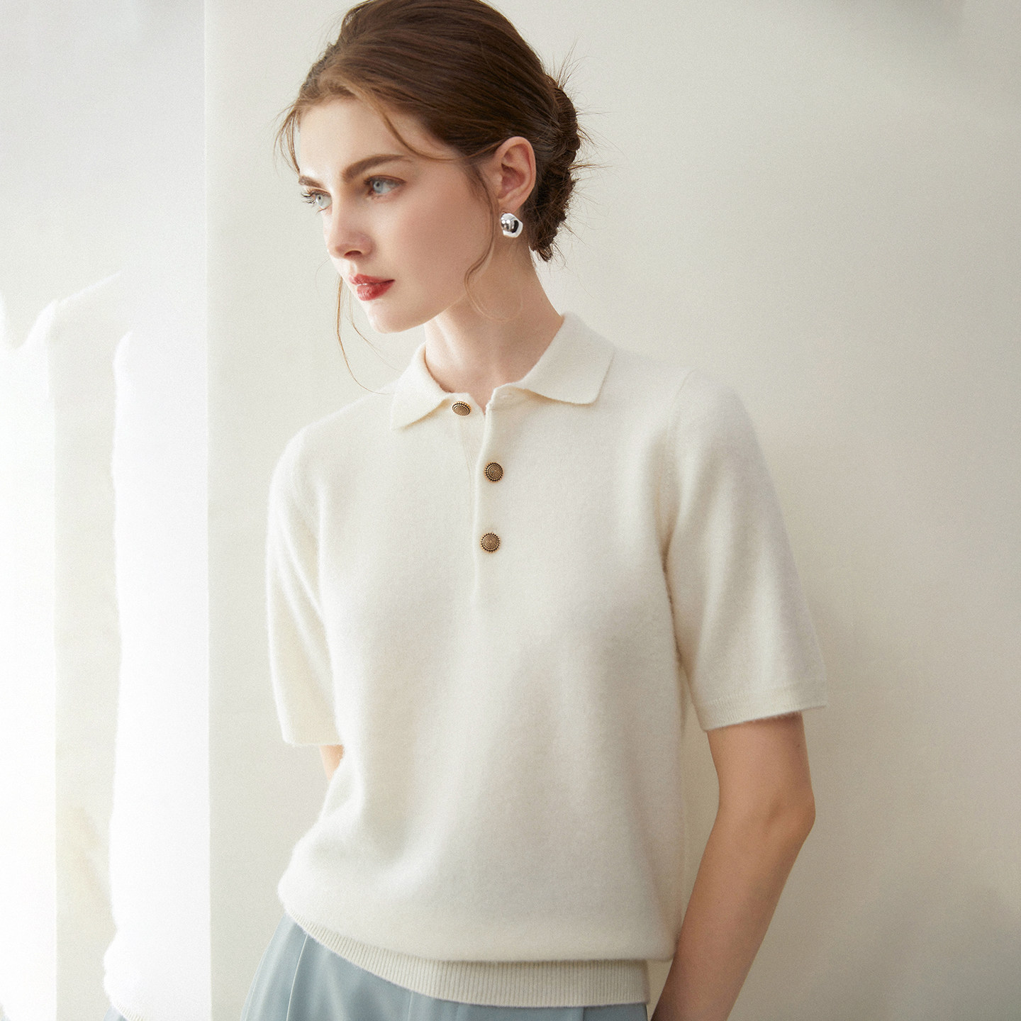 秋冬新款100%山羊绒短袖女简约POLO领休闲宽松显瘦针织打底衫毛衣,女装/女士精品,羊绒衫,淘宝优惠券,粉丝福利购,淘宝优惠卷