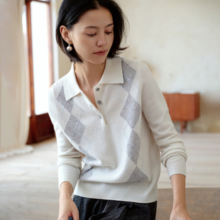 宽松复古菱形格针织打底衫 POLO领羊绒衫 女100纯山羊绒毛衣秋冬款
