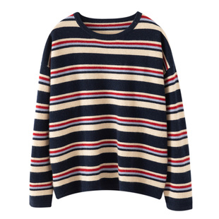 秋冬新款100%纯山羊绒衫女圆领条纹针织衫宽松显瘦百搭打底衫毛衣