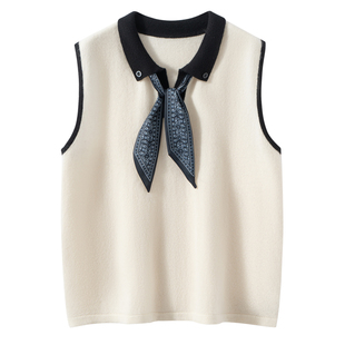 百搭 丝巾飘带半开翻领背心时尚 2025秋冬新款 100%纯山羊绒女设计款