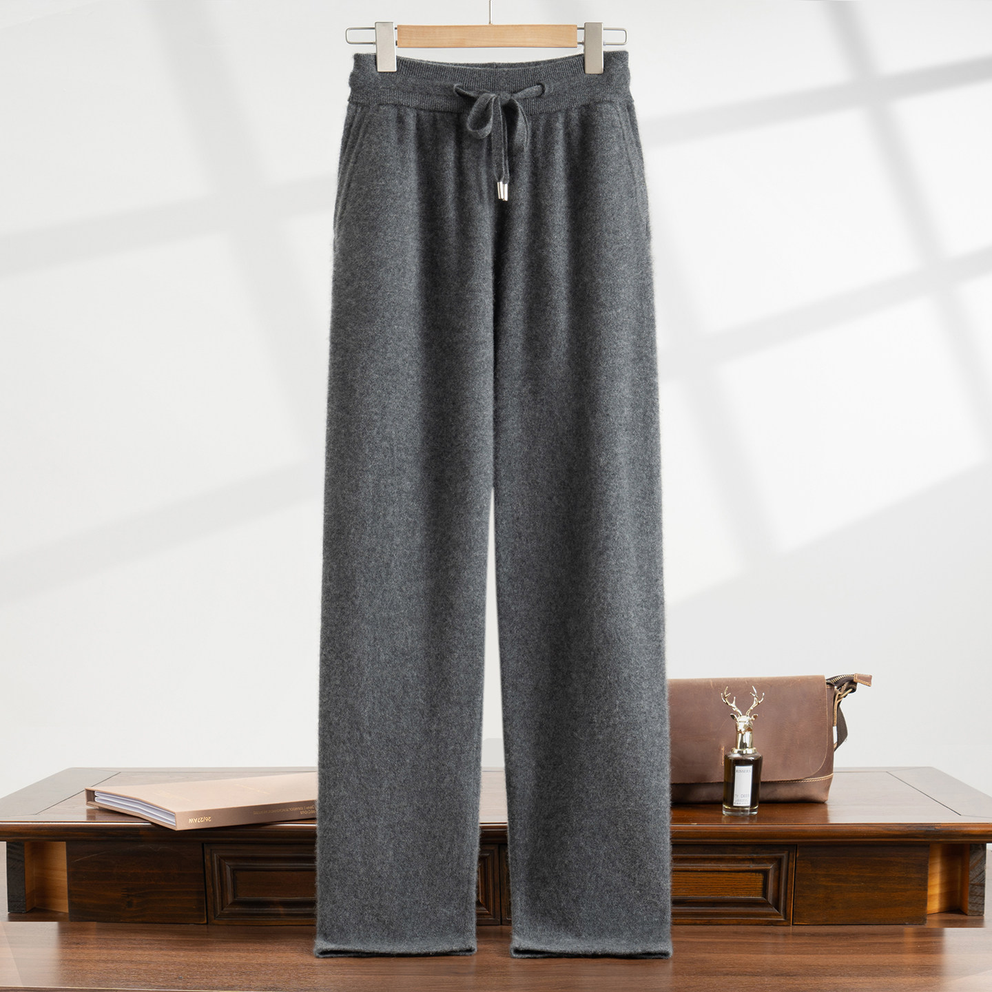 秋冬新款100%山羊绒系绳男士直筒裤保暖外穿休闲时尚针织阔腿长裤