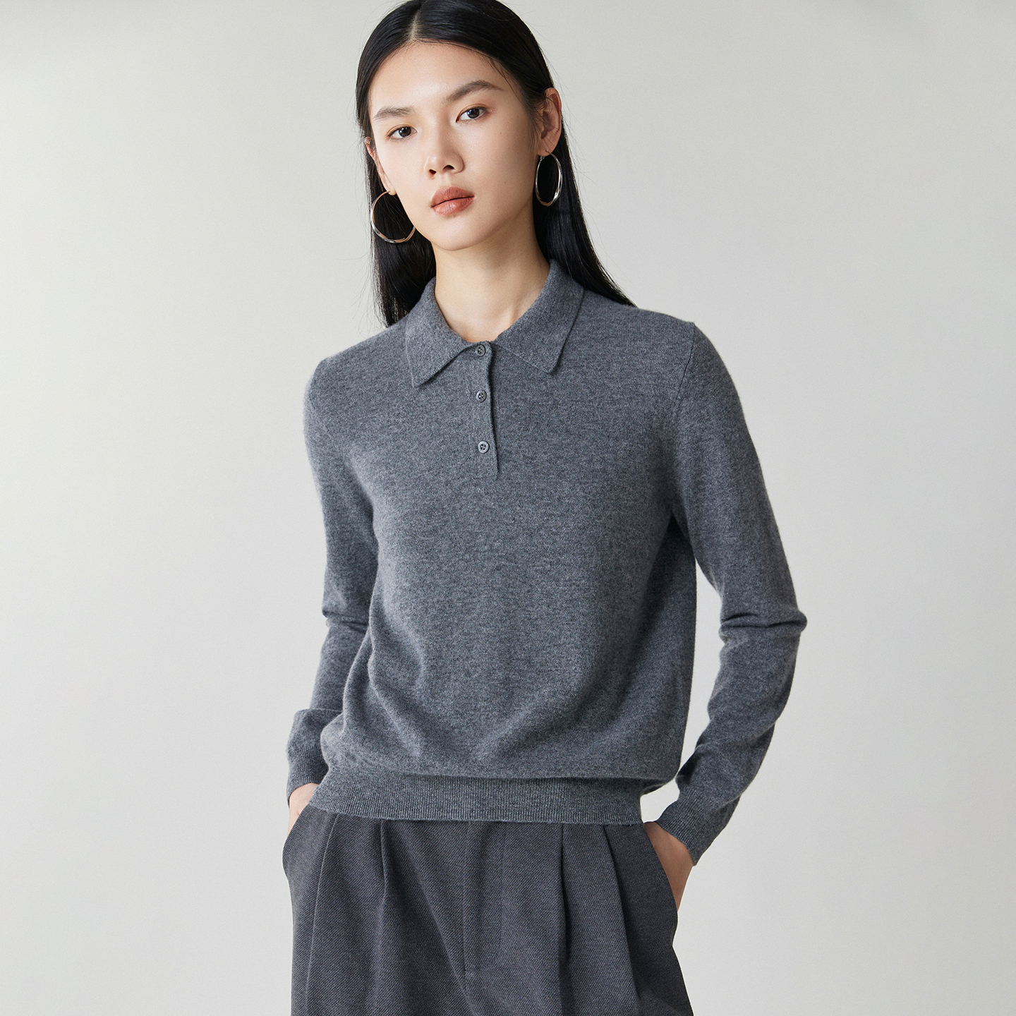 秋冬新款精纺100%纯山羊绒衫女POLO领针织打底衫时尚简约毛衣上衣