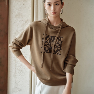 100%精纺羊毛连帽针织衫女秋冬宽松休闲运动风扬子纱针织卫衣上衣
