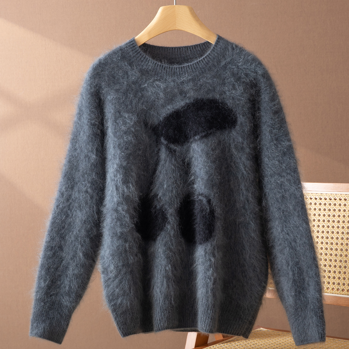 宽松慵懒风100%山羊绒衫圆领拉绒樱桃图案宽松时尚百搭针织衫毛衣