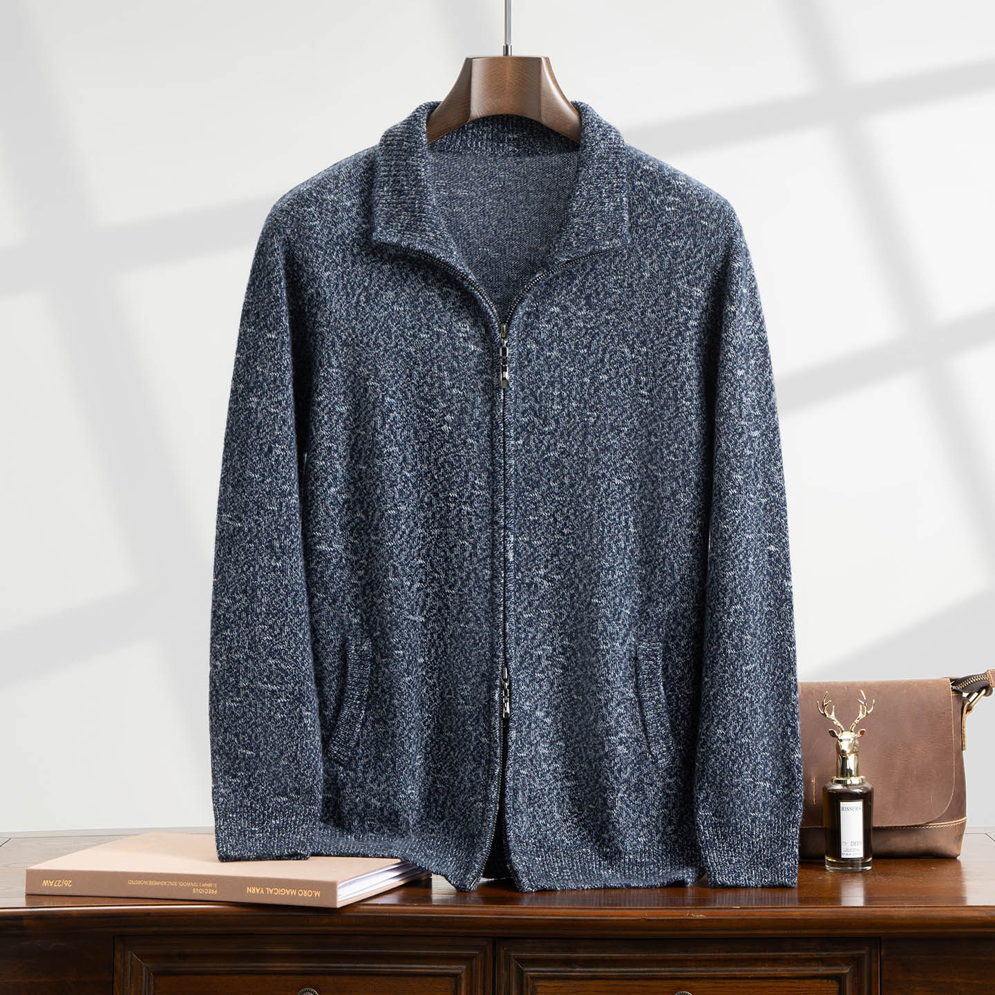 璀璨星空100%纯山羊绒衫重磅加厚男士翻领双拉链开衫针织外套毛衣