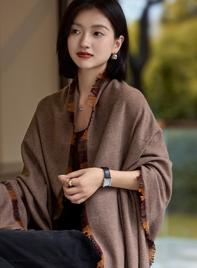 轻奢气质~100纯山羊绒披肩外塔高级感流苏围巾两用空调房旗袍罩衫