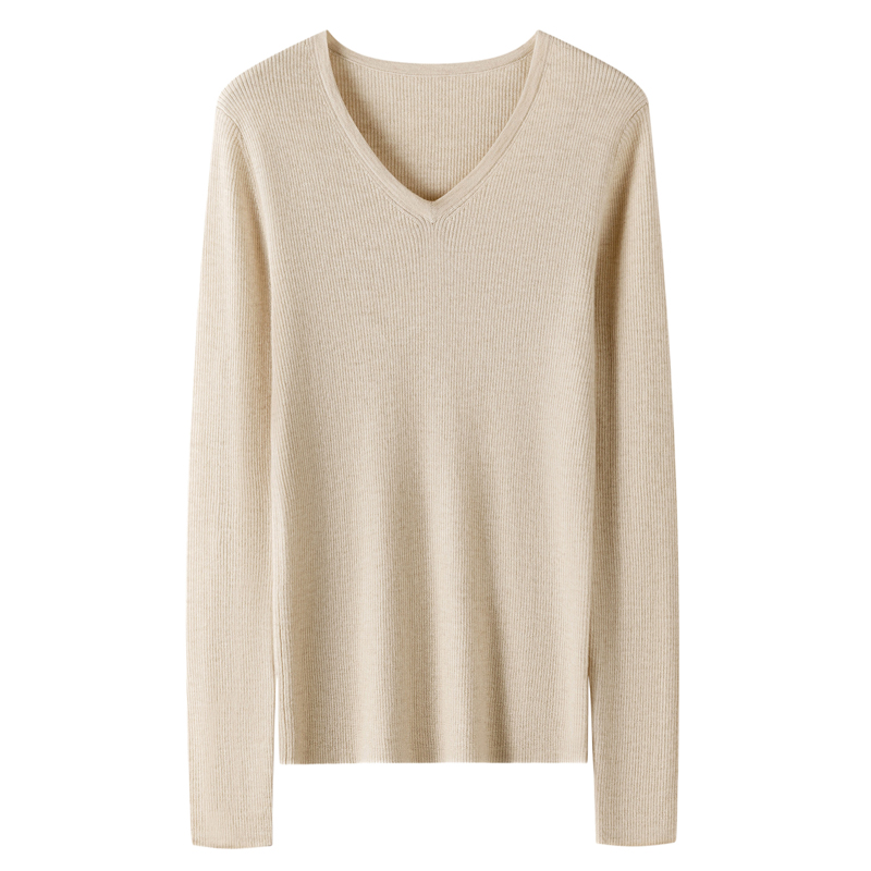 25新款100纯山羊绒超细精纺18针工艺V领抽条显瘦通勤羊绒打底衫女