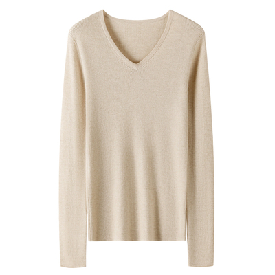 25新款100纯山羊绒超细精纺18针工艺V领抽条显瘦通勤羊绒打底衫女