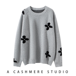 2025秋冬新款100%山羊绒女圆领嵌花针织衫时尚百搭加厚毛衣打底衫