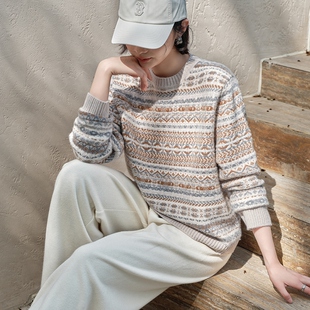 长袖 女圆领提花毛衣复古宽松针织打底衫 上衣 100%山羊绒衫 秋冬新款