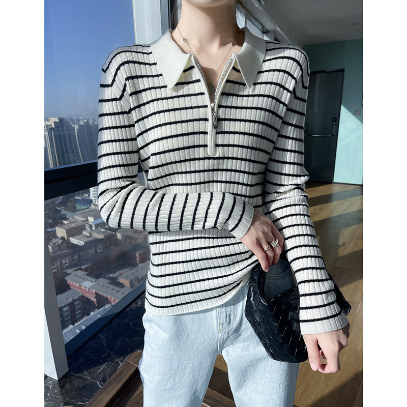 条纹显瘦POLO领半拉链100羊毛衫女修身毛衣上衣内搭春秋打底针织,女装/女士精品,毛针织衫,淘宝优惠券,粉丝福利购,淘宝优惠卷
