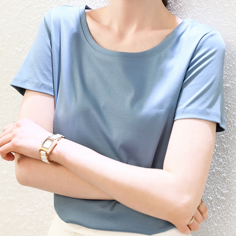圆领丝光棉白色短袖t恤女装2025新款夏季宽松100纯棉正肩体恤上衣