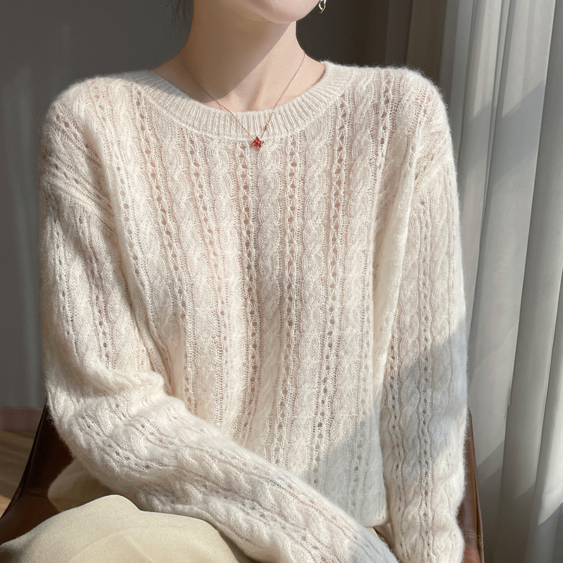 2025春秋新款桑蚕丝羊绒衫女软糯亲肤慵懒气质长袖宽松镂空针织衫