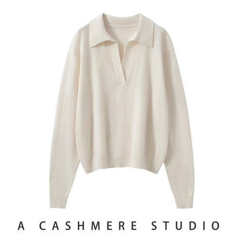 轻奢高级感100%纯山羊绒衫女翻领针织打底衫宽松慵懒时尚内搭上衣