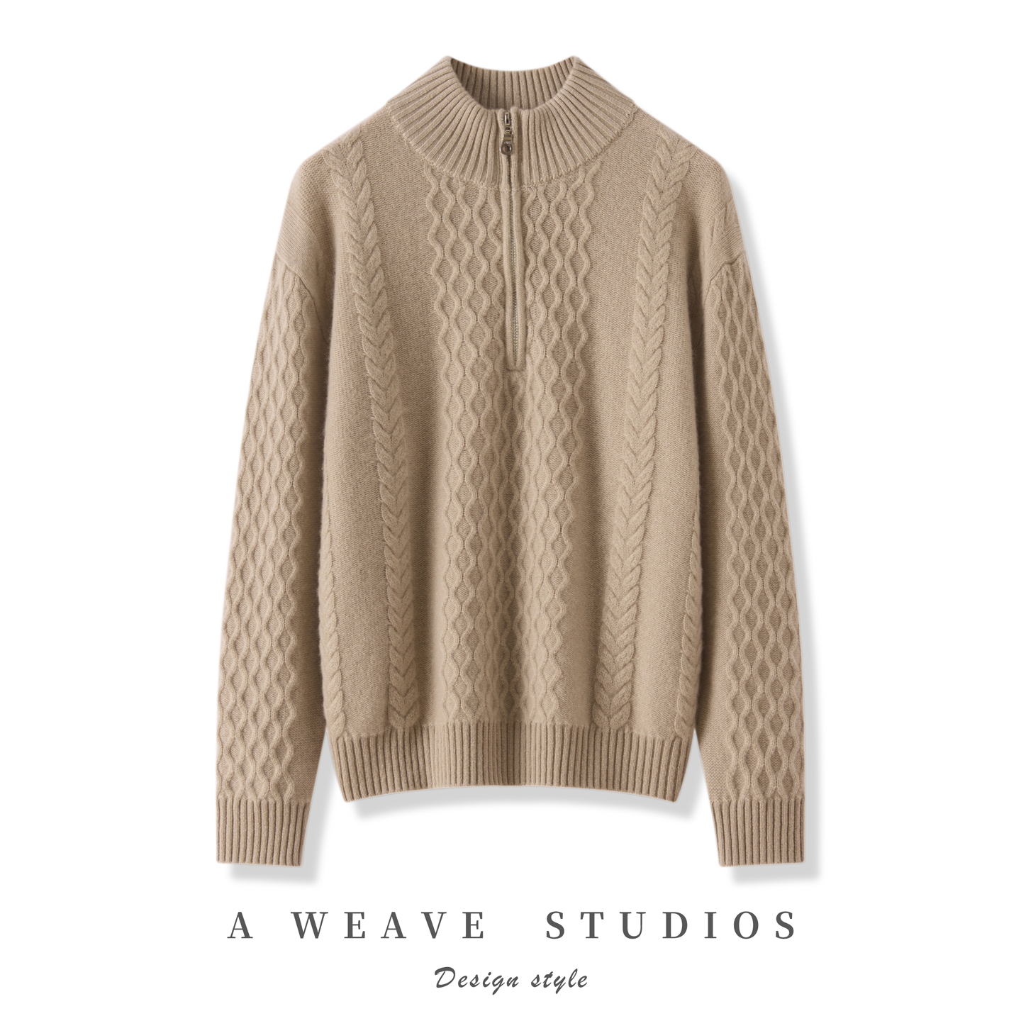 2025秋冬新款女羊绒衫100%纯山羊绒厚款宽松半开拉链绞花针织套衫