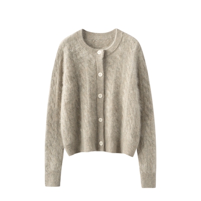 100%山羊绒拉绒开衫女圆领麻花加厚针织毛衣外套宽松百搭外搭上衣