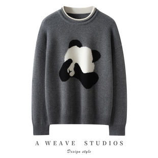 针织套衫 100%纯山羊绒加厚宽松嵌花熊猫时尚 女羊绒衫 2025秋冬新款