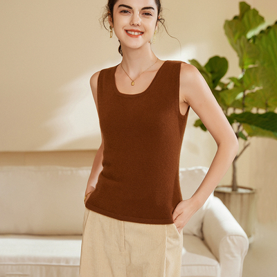 100纯山羊绒U领短款针织吊带背心