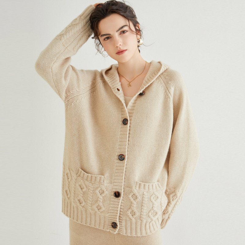 长袖帽领通勤纯山羊绒