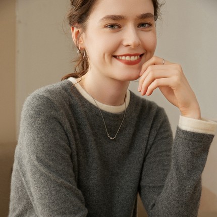 圆领100%纯山羊绒衫女毛衣秋冬假两件拼色针织衫灰色宽松打底上衣