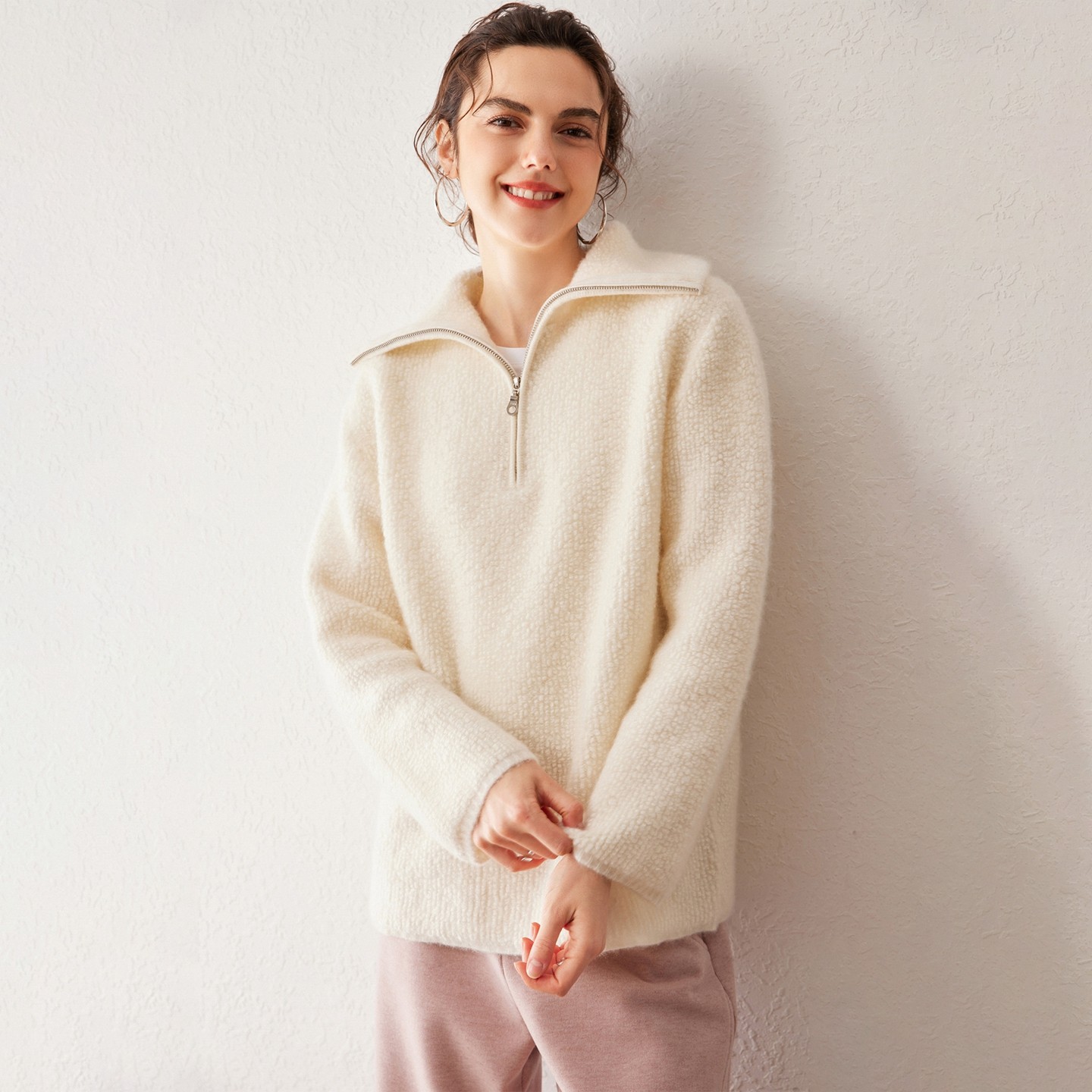 25秋冬新款100%山羊绒衫女羊羔毛半拉链加厚毛衣宽松百搭打底上衣,女装/女士精品,羊绒衫,淘宝优惠券,粉丝福利购,淘宝优惠卷