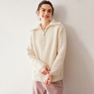 25秋冬新款100%山羊绒衫女羊羔毛半拉链加厚毛衣宽松百搭打底上衣