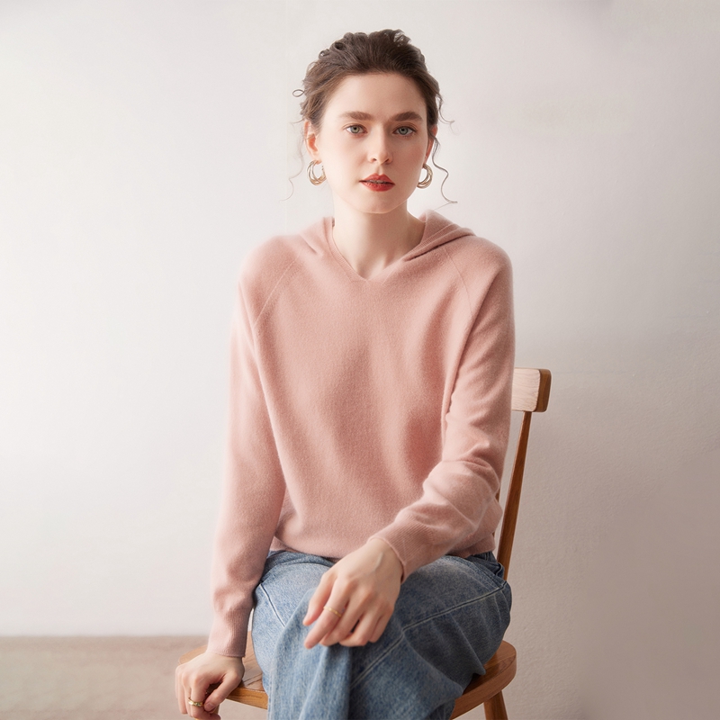 秋冬新款100%山羊绒衫女连帽插肩宽松一线成衣宽松慵懒针织打底衫