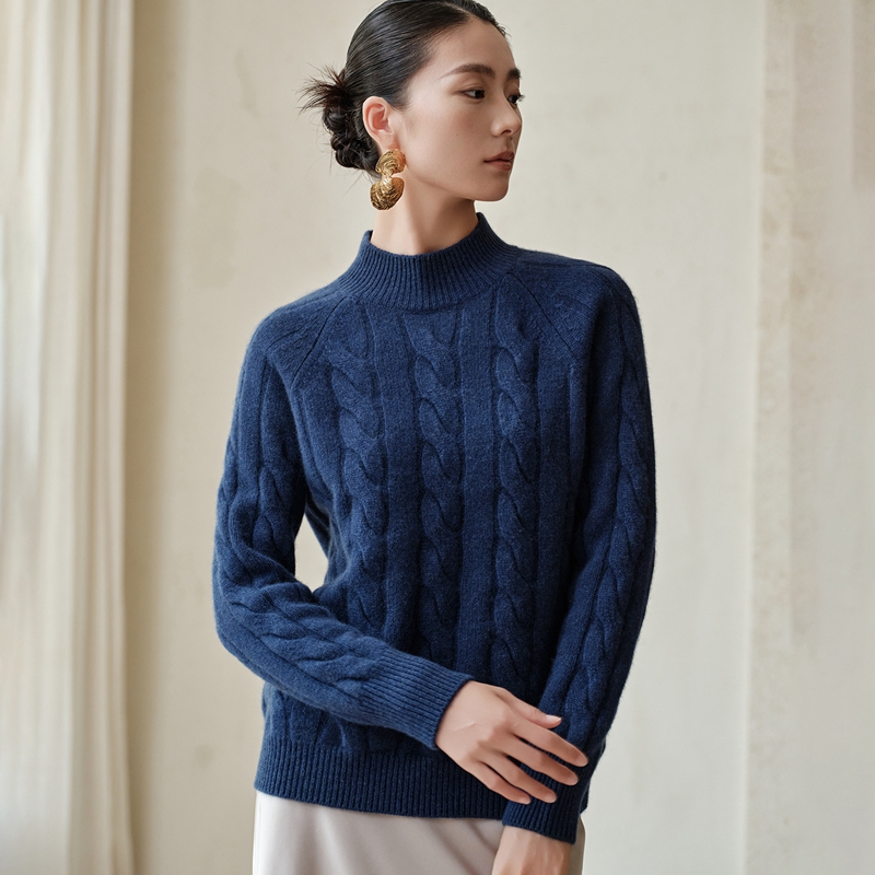 2025秋冬新款100%纯山羊绒衫女半高领加厚宽松扭花针织打底衫毛衣