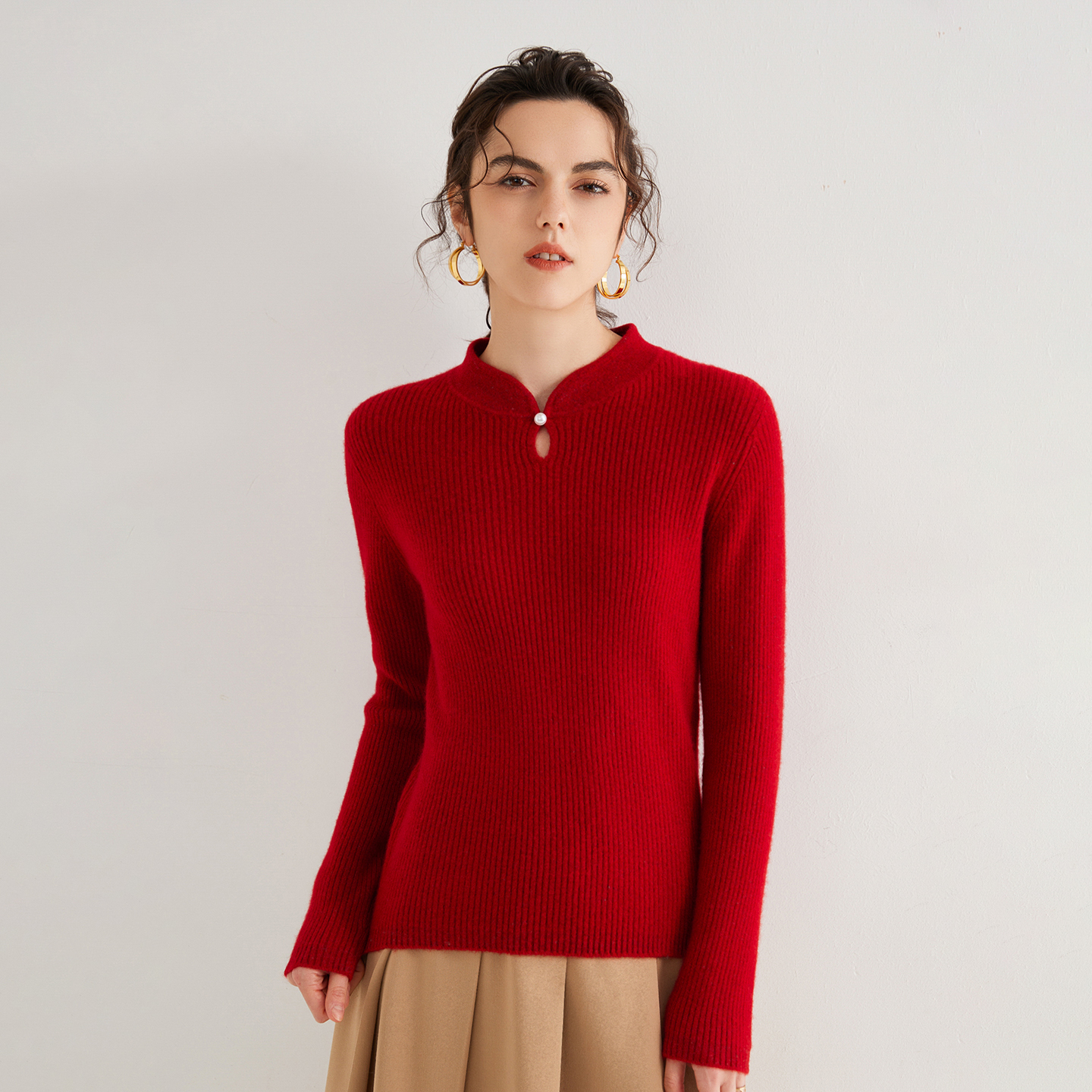 25新款秋冬100%山羊绒女半高领新中式针织套头宽松百搭毛衣打底衫
