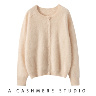 轻柔软糯拉绒100%山羊绒针织开衫女圆领纯色宽松百搭时尚毛衣外套