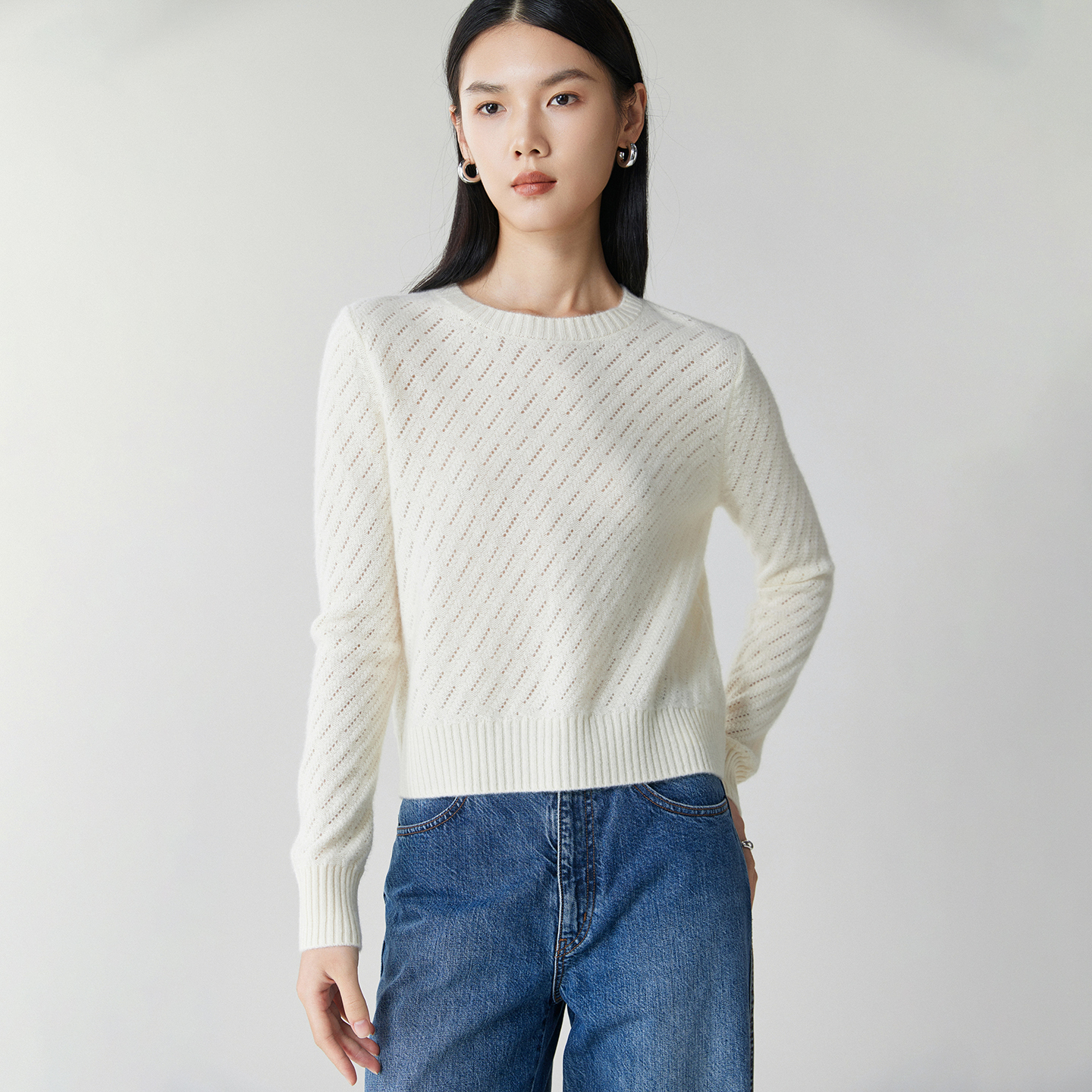 25秋冬新款100%纯山羊绒衫女圆领镂空针织打底衫时尚轻奢毛衣上衣