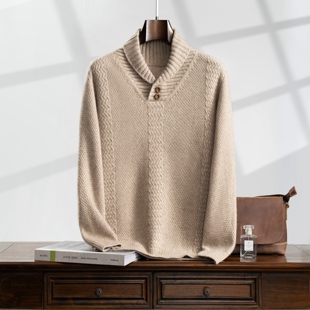 2025秋冬新款100%山羊绒衫男士时尚加厚青果领针织衫保暖百搭毛衣