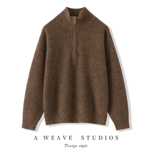 秋冬新款半拉链100纯山羊绒衫女宽松慵懒风针织加厚半高领打底衫