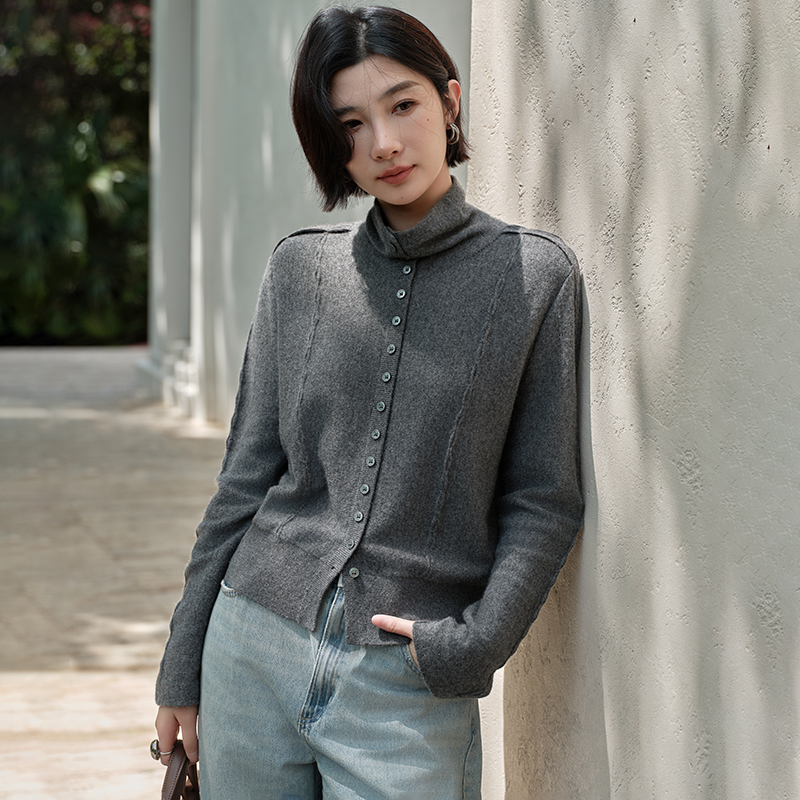 秋冬新款100%山羊绒开衫女高领系扣宽松百搭洋气针织长袖毛衣外套