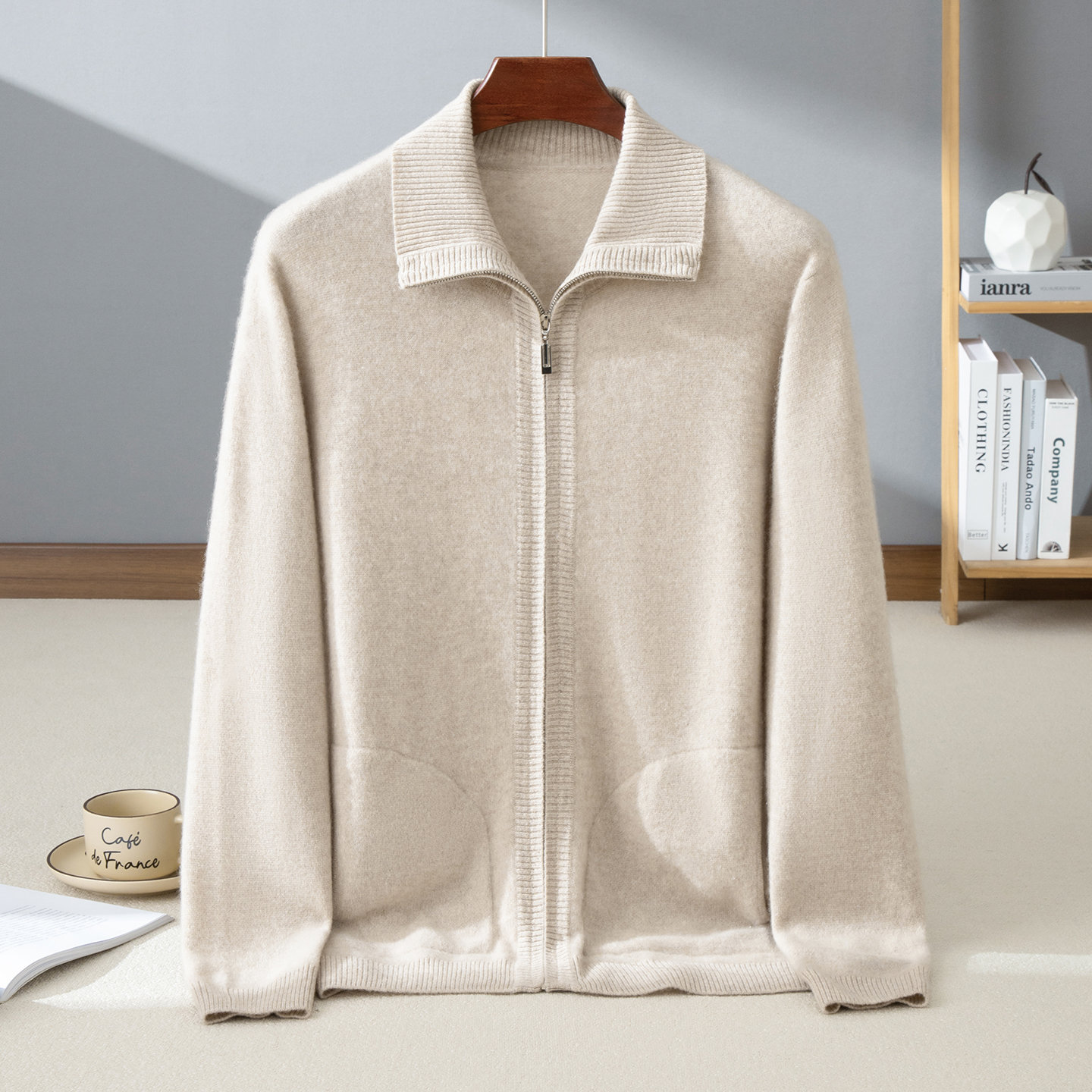 秋冬新款100%纯山羊绒开衫男士翻领拉链开衫纯色加厚保暖针织外套