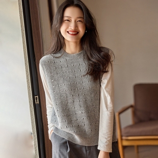 2025秋冬加厚100%山羊绒无袖 镂空套头坎肩女圆领宽松针织马甲背心