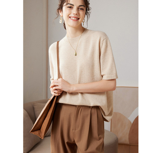 高级感羊绒短袖t恤女100纯山羊绒