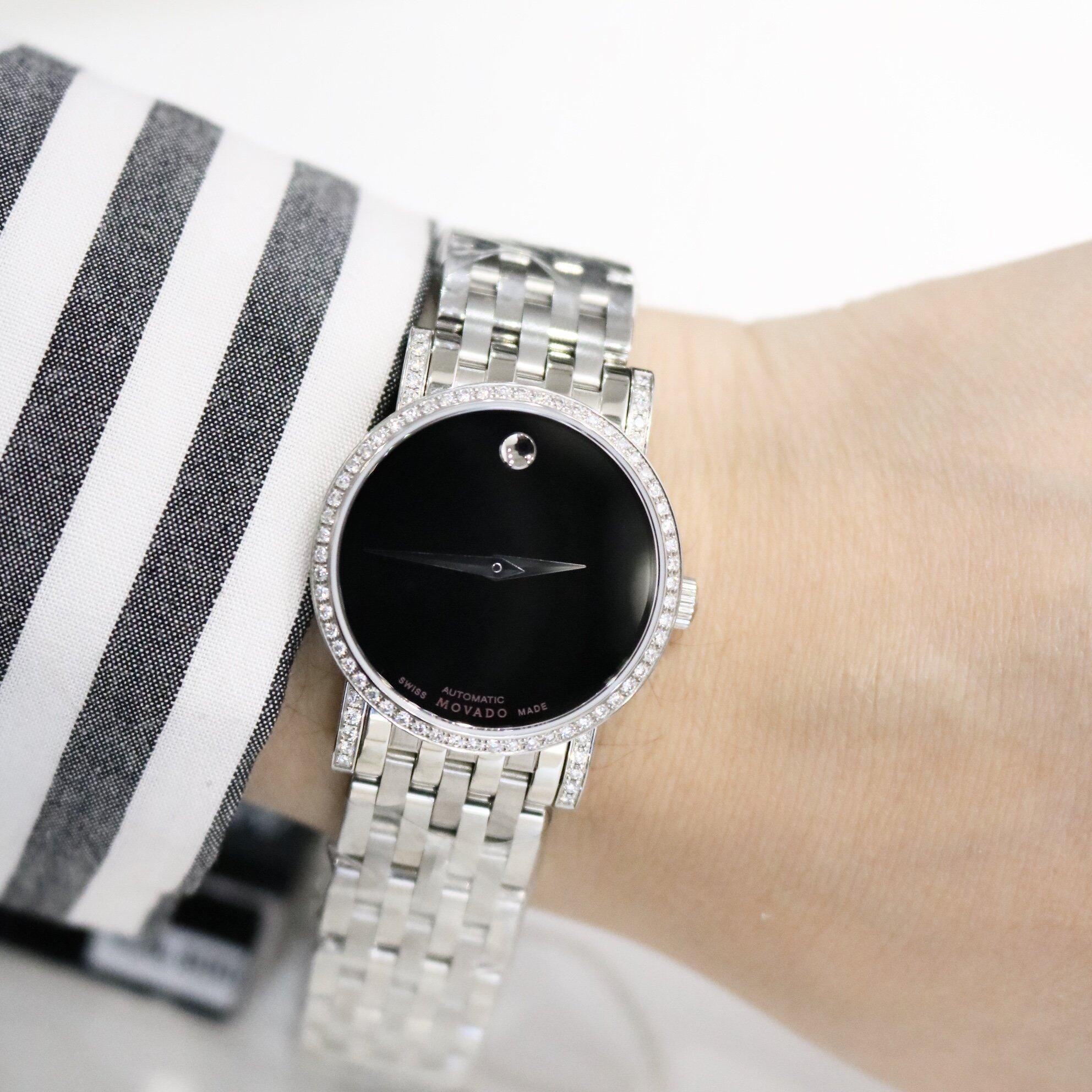 瑞士movado摩凡陀瑞红系列简约外圈真钻钢带防水自动机械女表