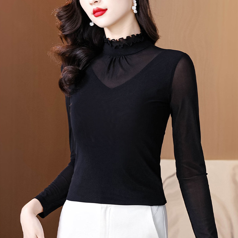 时髦洋气妈妈春装紧身小衫女黑色长袖上衣紧身内搭薄款打底衫春秋