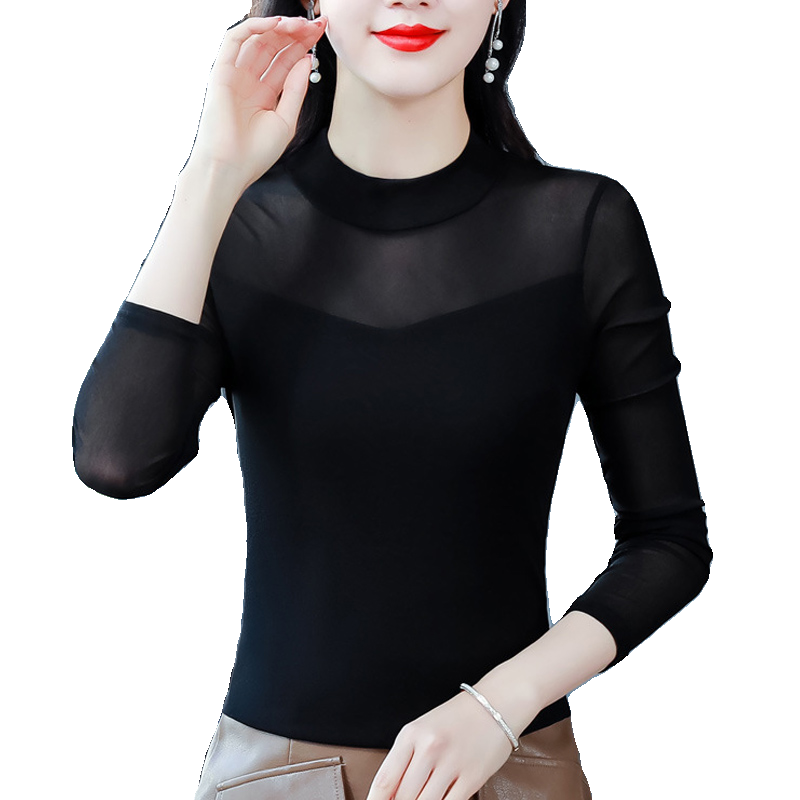 黑色半高领紧身打底衫女春秋中年妈妈款内搭长袖薄款大码洋气上衣