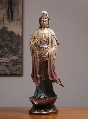 铜彩铜观音菩萨佛像居家供奉摆件站立站像 一叶观音观世音神像