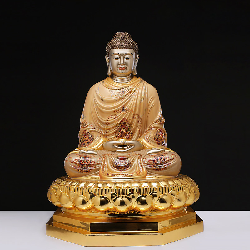铜彩铜彩绘三宝佛释迦牟尼阿弥陀佛药师佛供奉佛像摆件家居饰品
